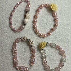 Pink and Cream Beaded Bracelet Set with Floral Accents
